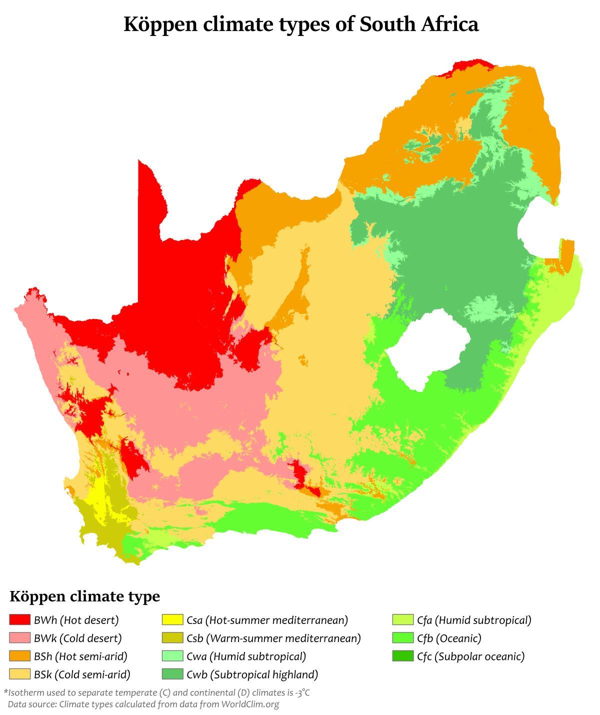 Mapa de temperatura da África do Sul