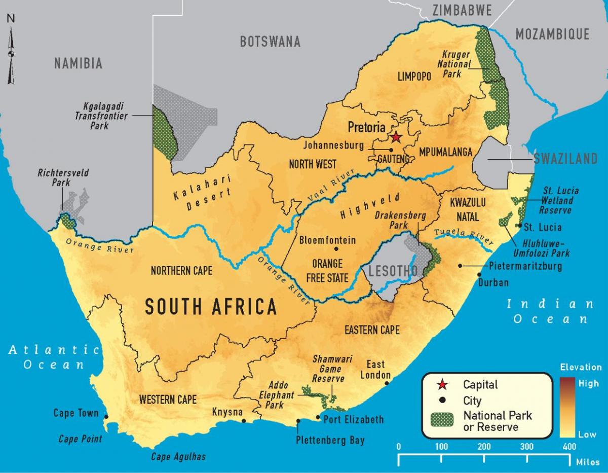 Mapa da África do Sul e dos países limítrofes