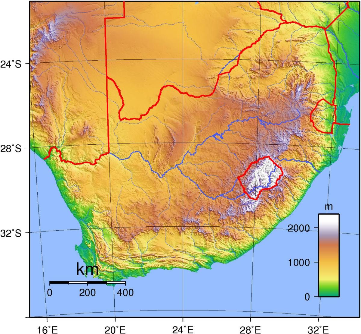 Mapa topográfico da África do Sul