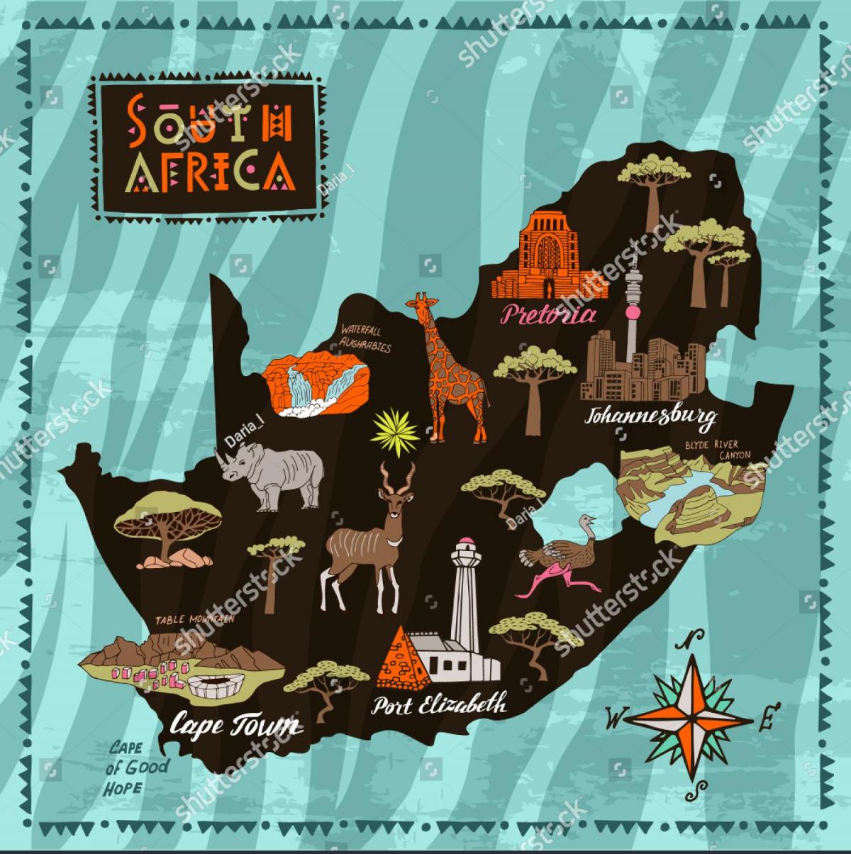 Mapa das atrações turísticas da África do Sul