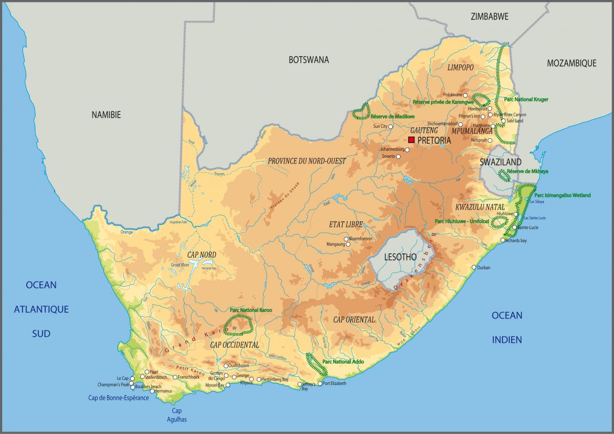 Mapa de altitude da África do Sul