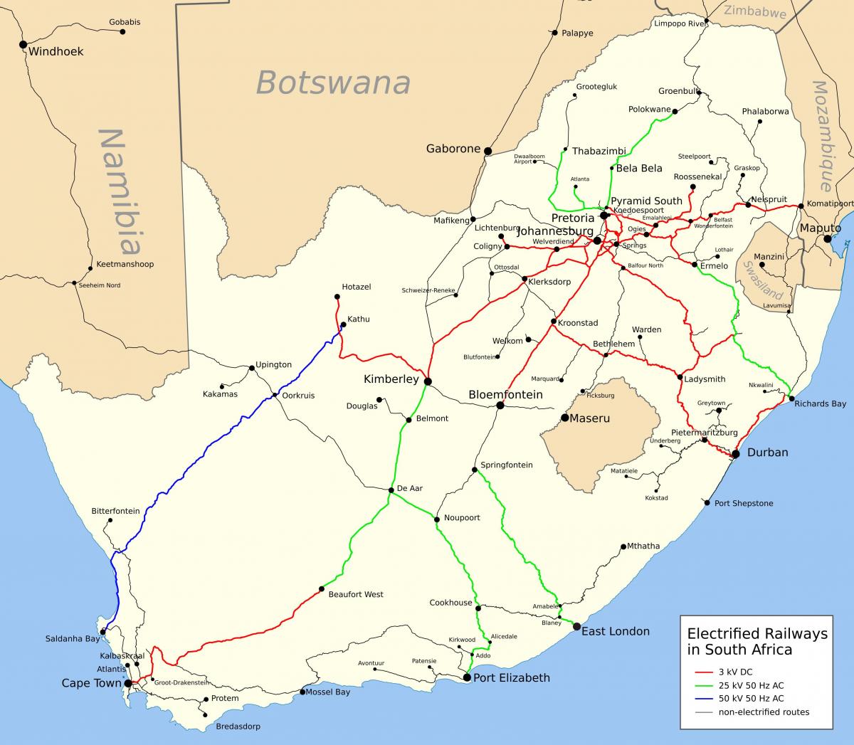 Mapa das linhas de trem da África do Sul