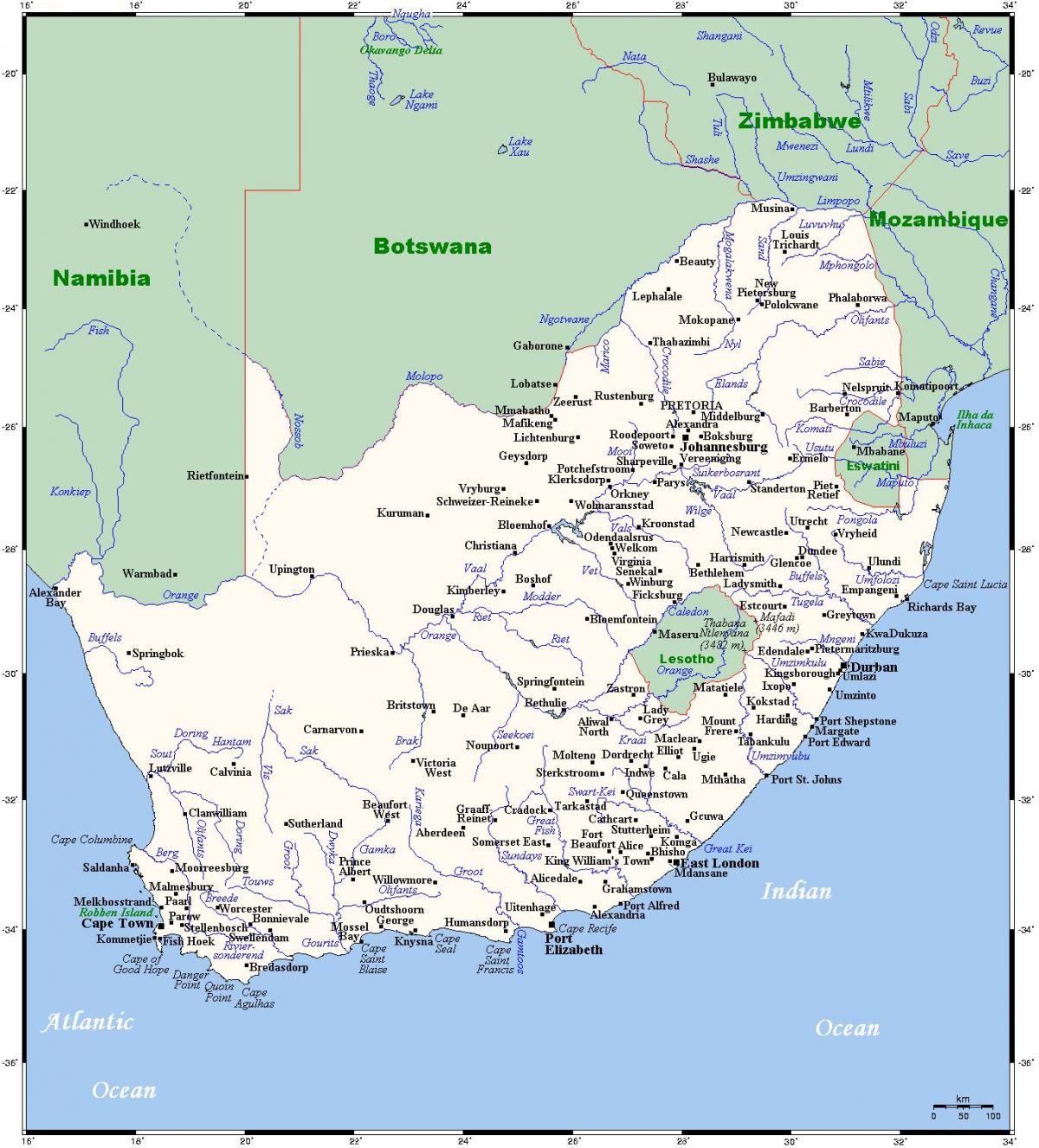 Mapa dos Rios na África do Sul